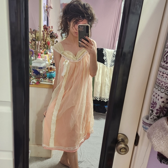 Vintage 1950's Rosebuds & Lace Layered Sheer Mesh Tulle Lingerie Slip Tank Dress - Picture 3 of 16